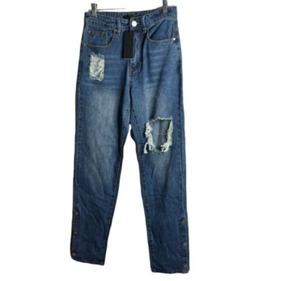 Mennace Women’s Blue Ripped  Loose Fit Popper Jeans UK 28 US 24 Baggy New - Picture 1 of 11